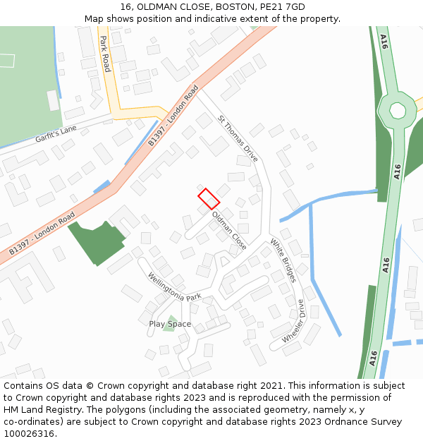 16, OLDMAN CLOSE, BOSTON, PE21 7GD: Location map and indicative extent of plot
