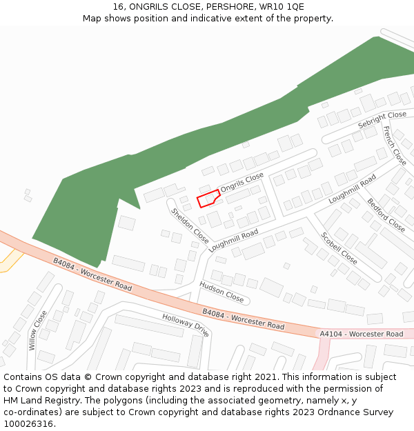 16, ONGRILS CLOSE, PERSHORE, WR10 1QE: Location map and indicative extent of plot