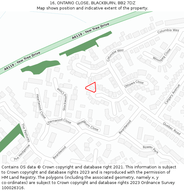 16, ONTARIO CLOSE, BLACKBURN, BB2 7DZ: Location map and indicative extent of plot