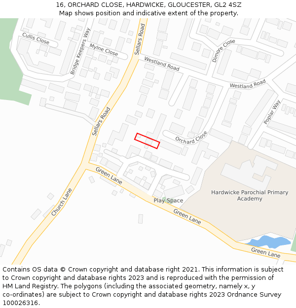 16, ORCHARD CLOSE, HARDWICKE, GLOUCESTER, GL2 4SZ: Location map and indicative extent of plot