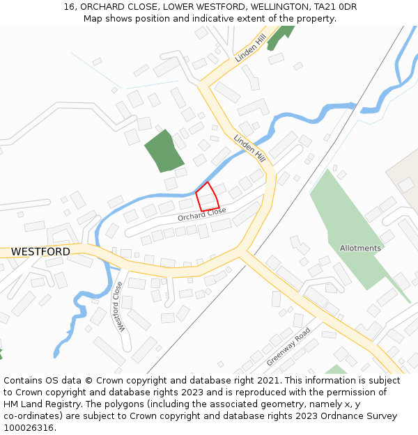16, ORCHARD CLOSE, LOWER WESTFORD, WELLINGTON, TA21 0DR: Location map and indicative extent of plot