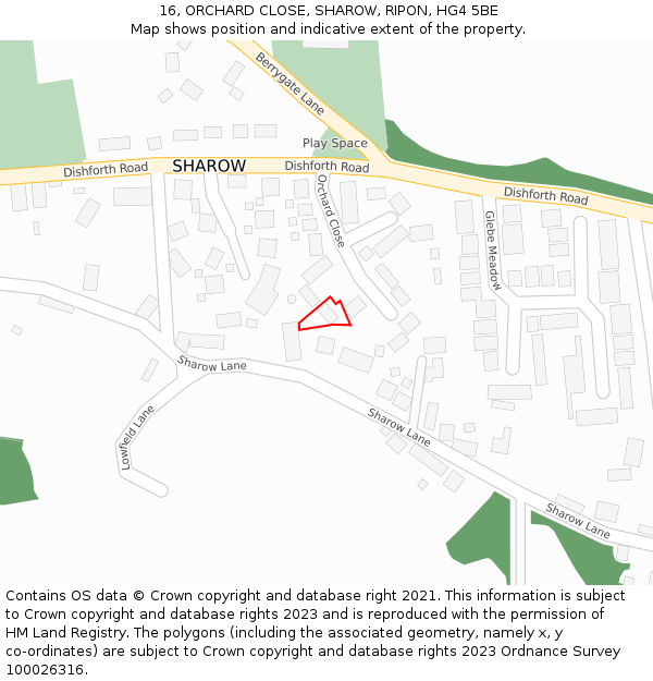 16, ORCHARD CLOSE, SHAROW, RIPON, HG4 5BE: Location map and indicative extent of plot