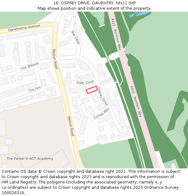 16, OSPREY DRIVE, DAVENTRY, NN11 0XP: Location map and indicative extent of plot