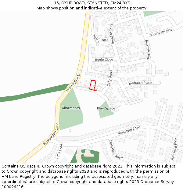 16, OXLIP ROAD, STANSTED, CM24 8XS: Location map and indicative extent of plot