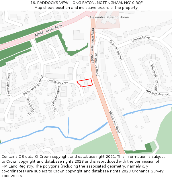 16, PADDOCKS VIEW, LONG EATON, NOTTINGHAM, NG10 3QF: Location map and indicative extent of plot