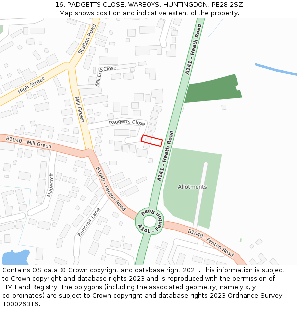 16, PADGETTS CLOSE, WARBOYS, HUNTINGDON, PE28 2SZ: Location map and indicative extent of plot