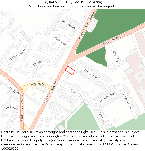16, PALMERS HILL, EPPING, CM16 6SQ: Location map and indicative extent of plot
