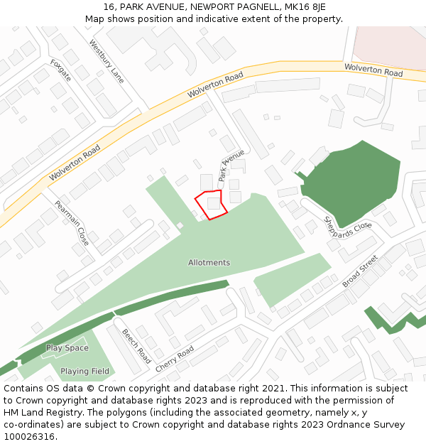 16, PARK AVENUE, NEWPORT PAGNELL, MK16 8JE: Location map and indicative extent of plot