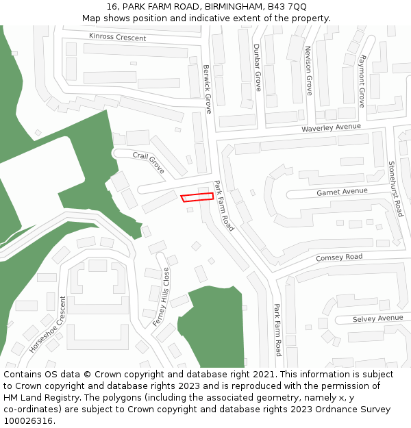 16, PARK FARM ROAD, BIRMINGHAM, B43 7QQ: Location map and indicative extent of plot