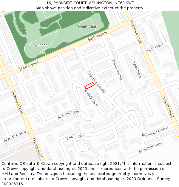 16, PARKSIDE COURT, ASHINGTON, NE63 9WE: Location map and indicative extent of plot