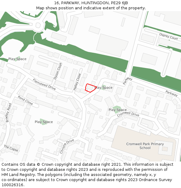16, PARKWAY, HUNTINGDON, PE29 6JB: Location map and indicative extent of plot