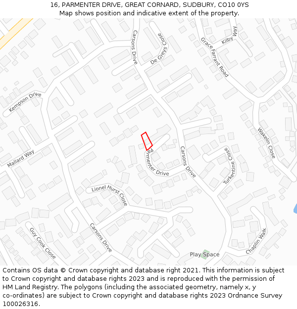 16, PARMENTER DRIVE, GREAT CORNARD, SUDBURY, CO10 0YS: Location map and indicative extent of plot
