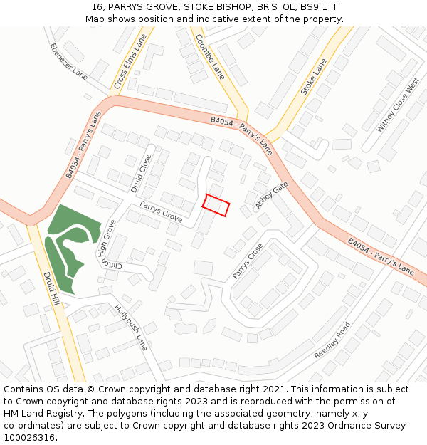 16, PARRYS GROVE, STOKE BISHOP, BRISTOL, BS9 1TT: Location map and indicative extent of plot