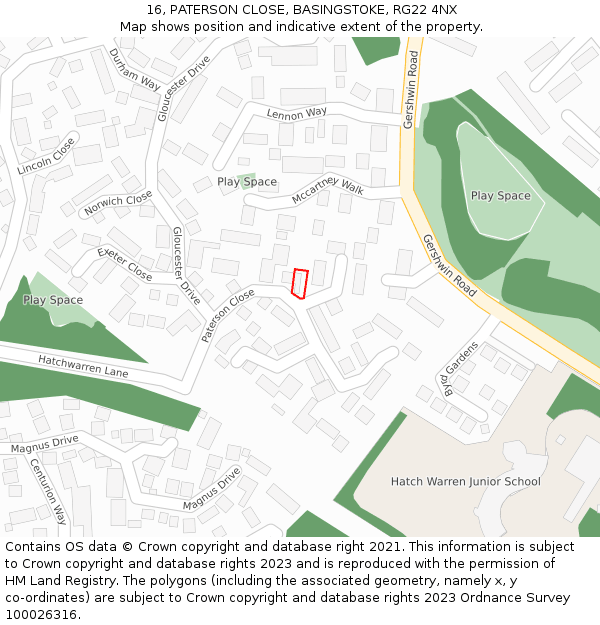 16, PATERSON CLOSE, BASINGSTOKE, RG22 4NX: Location map and indicative extent of plot