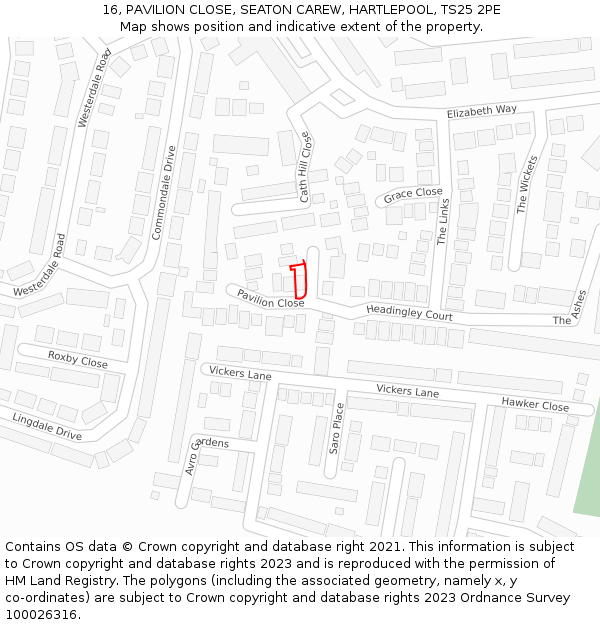 16, PAVILION CLOSE, SEATON CAREW, HARTLEPOOL, TS25 2PE: Location map and indicative extent of plot