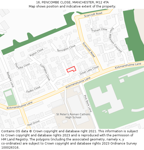 16, PENCOMBE CLOSE, MANCHESTER, M12 4TA: Location map and indicative extent of plot