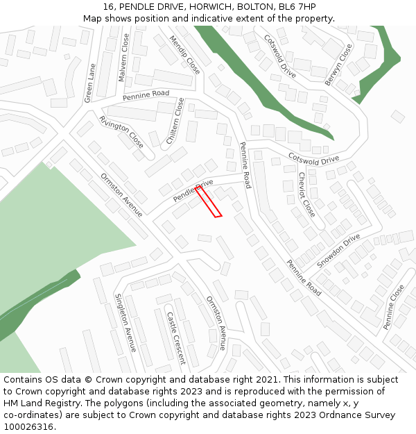 16, PENDLE DRIVE, HORWICH, BOLTON, BL6 7HP: Location map and indicative extent of plot