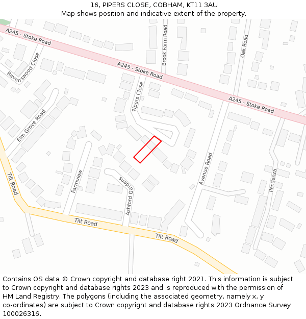16, PIPERS CLOSE, COBHAM, KT11 3AU: Location map and indicative extent of plot