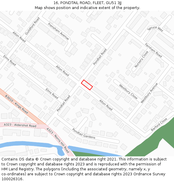 16, PONDTAIL ROAD, FLEET, GU51 3JJ: Location map and indicative extent of plot