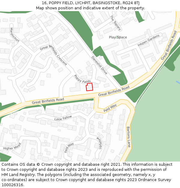16, POPPY FIELD, LYCHPIT, BASINGSTOKE, RG24 8TJ: Location map and indicative extent of plot
