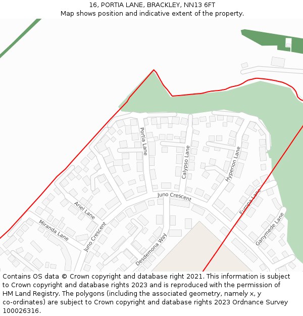 16, PORTIA LANE, BRACKLEY, NN13 6FT: Location map and indicative extent of plot