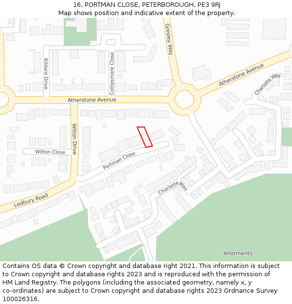 16, PORTMAN CLOSE, PETERBOROUGH, PE3 9RJ: Location map and indicative extent of plot
