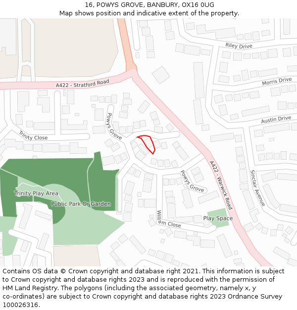 16, POWYS GROVE, BANBURY, OX16 0UG: Location map and indicative extent of plot