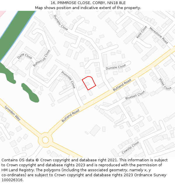 16, PRIMROSE CLOSE, CORBY, NN18 8LE: Location map and indicative extent of plot