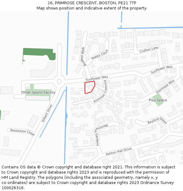 16, PRIMROSE CRESCENT, BOSTON, PE21 7TP: Location map and indicative extent of plot