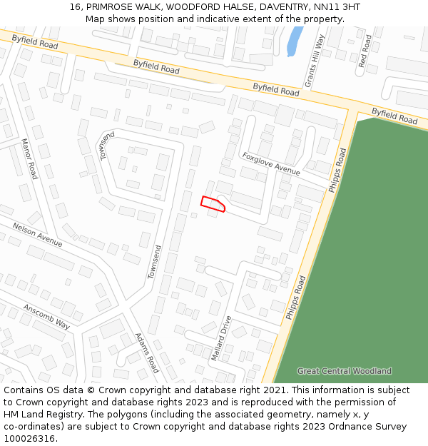 16, PRIMROSE WALK, WOODFORD HALSE, DAVENTRY, NN11 3HT: Location map and indicative extent of plot