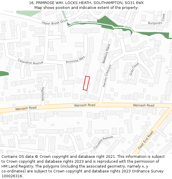 16, PRIMROSE WAY, LOCKS HEATH, SOUTHAMPTON, SO31 6WX: Location map and indicative extent of plot