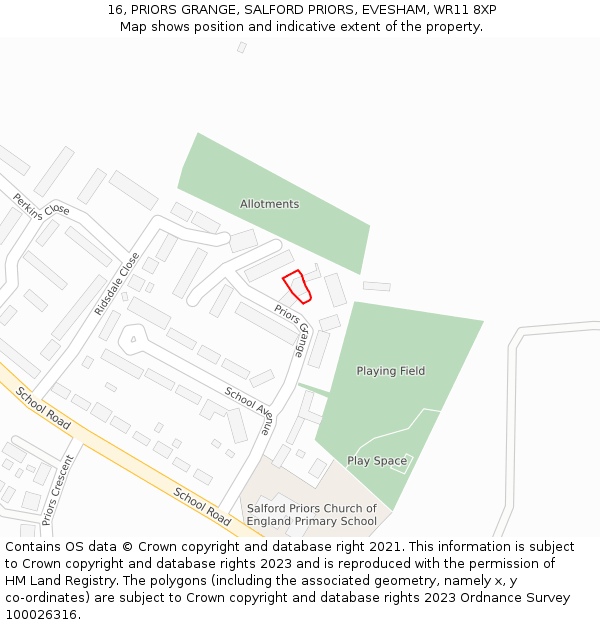 16, PRIORS GRANGE, SALFORD PRIORS, EVESHAM, WR11 8XP: Location map and indicative extent of plot