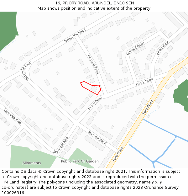 16, PRIORY ROAD, ARUNDEL, BN18 9EN: Location map and indicative extent of plot