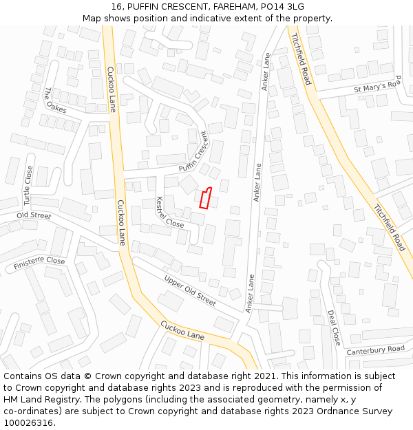 16, PUFFIN CRESCENT, FAREHAM, PO14 3LG: Location map and indicative extent of plot