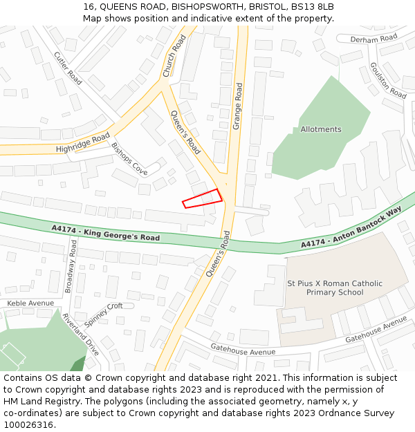 16, QUEENS ROAD, BISHOPSWORTH, BRISTOL, BS13 8LB: Location map and indicative extent of plot