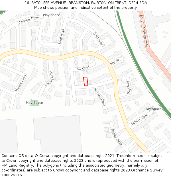 16, RATCLIFFE AVENUE, BRANSTON, BURTON-ON-TRENT, DE14 3DA: Location map and indicative extent of plot