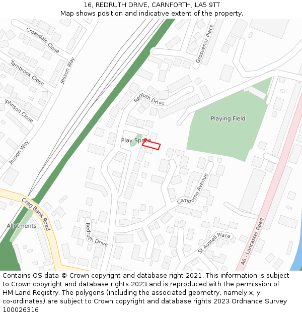 16, REDRUTH DRIVE, CARNFORTH, LA5 9TT: Location map and indicative extent of plot