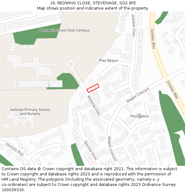 16, REDWING CLOSE, STEVENAGE, SG2 9FE: Location map and indicative extent of plot