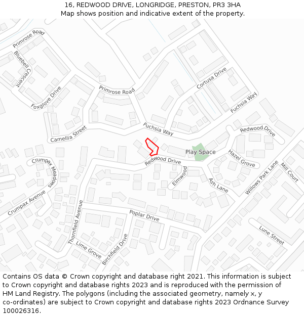 16, REDWOOD DRIVE, LONGRIDGE, PRESTON, PR3 3HA: Location map and indicative extent of plot