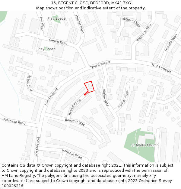 16, REGENT CLOSE, BEDFORD, MK41 7XG: Location map and indicative extent of plot