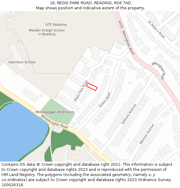 16, REGIS PARK ROAD, READING, RG6 7AD: Location map and indicative extent of plot
