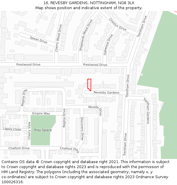 16, REVESBY GARDENS, NOTTINGHAM, NG8 3LX: Location map and indicative extent of plot