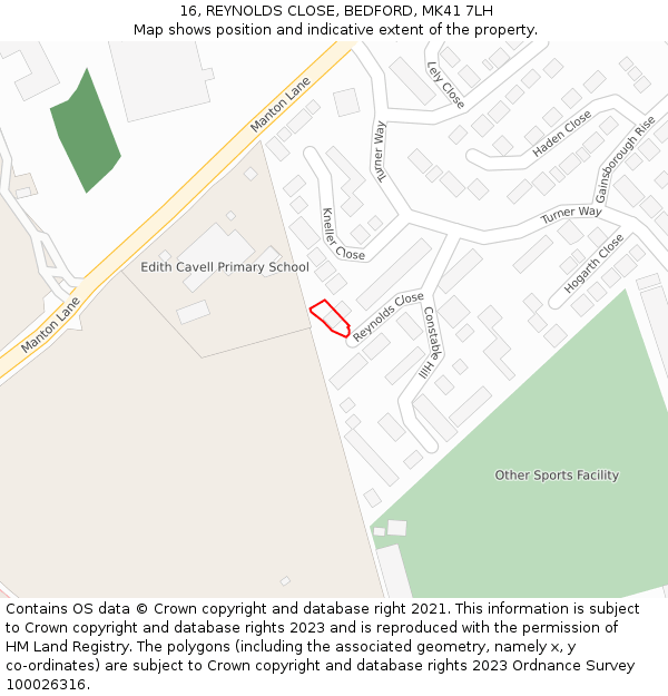 16, REYNOLDS CLOSE, BEDFORD, MK41 7LH: Location map and indicative extent of plot