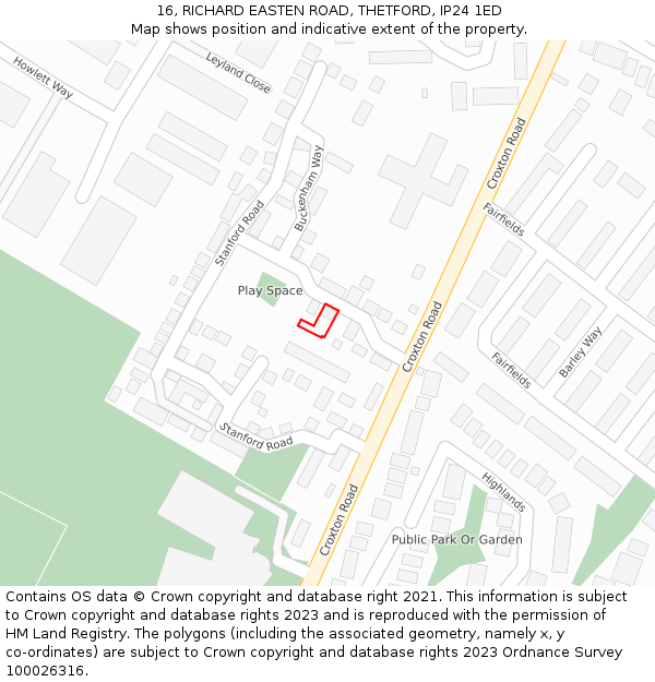 16, RICHARD EASTEN ROAD, THETFORD, IP24 1ED: Location map and indicative extent of plot
