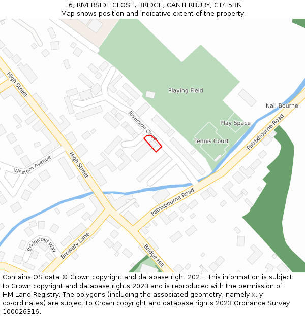 16, RIVERSIDE CLOSE, BRIDGE, CANTERBURY, CT4 5BN: Location map and indicative extent of plot