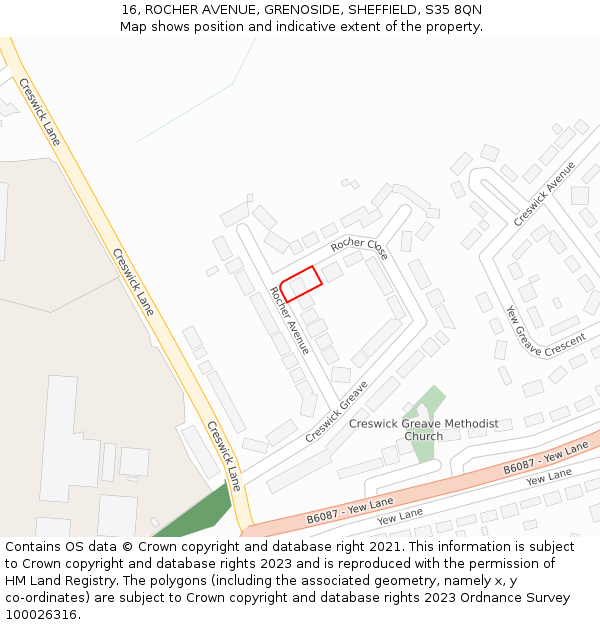 16, ROCHER AVENUE, GRENOSIDE, SHEFFIELD, S35 8QN: Location map and indicative extent of plot