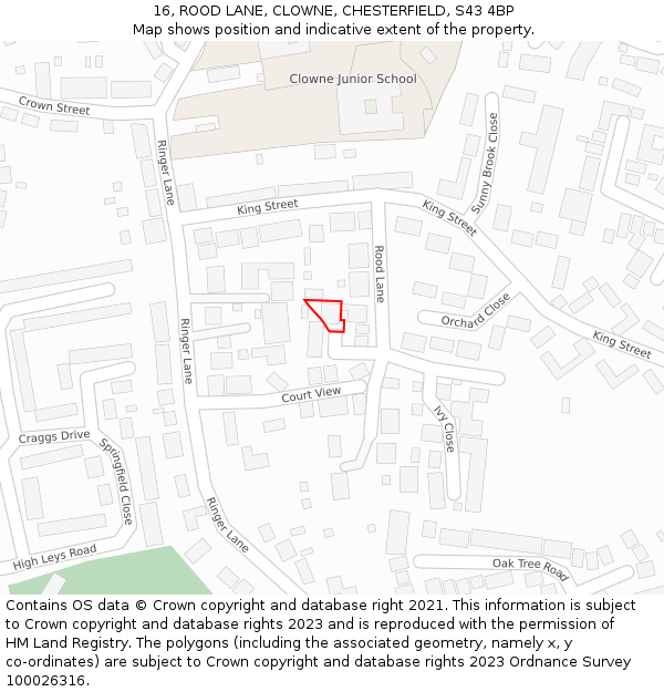 16, ROOD LANE, CLOWNE, CHESTERFIELD, S43 4BP: Location map and indicative extent of plot