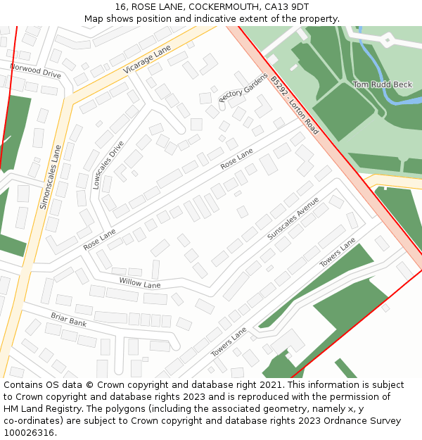 16, ROSE LANE, COCKERMOUTH, CA13 9DT: Location map and indicative extent of plot