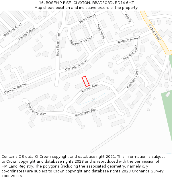 16, ROSEHIP RISE, CLAYTON, BRADFORD, BD14 6HZ: Location map and indicative extent of plot