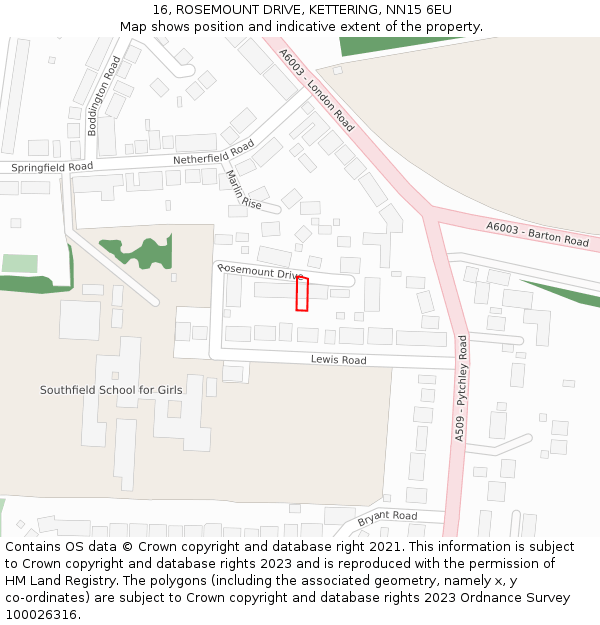 16, ROSEMOUNT DRIVE, KETTERING, NN15 6EU: Location map and indicative extent of plot